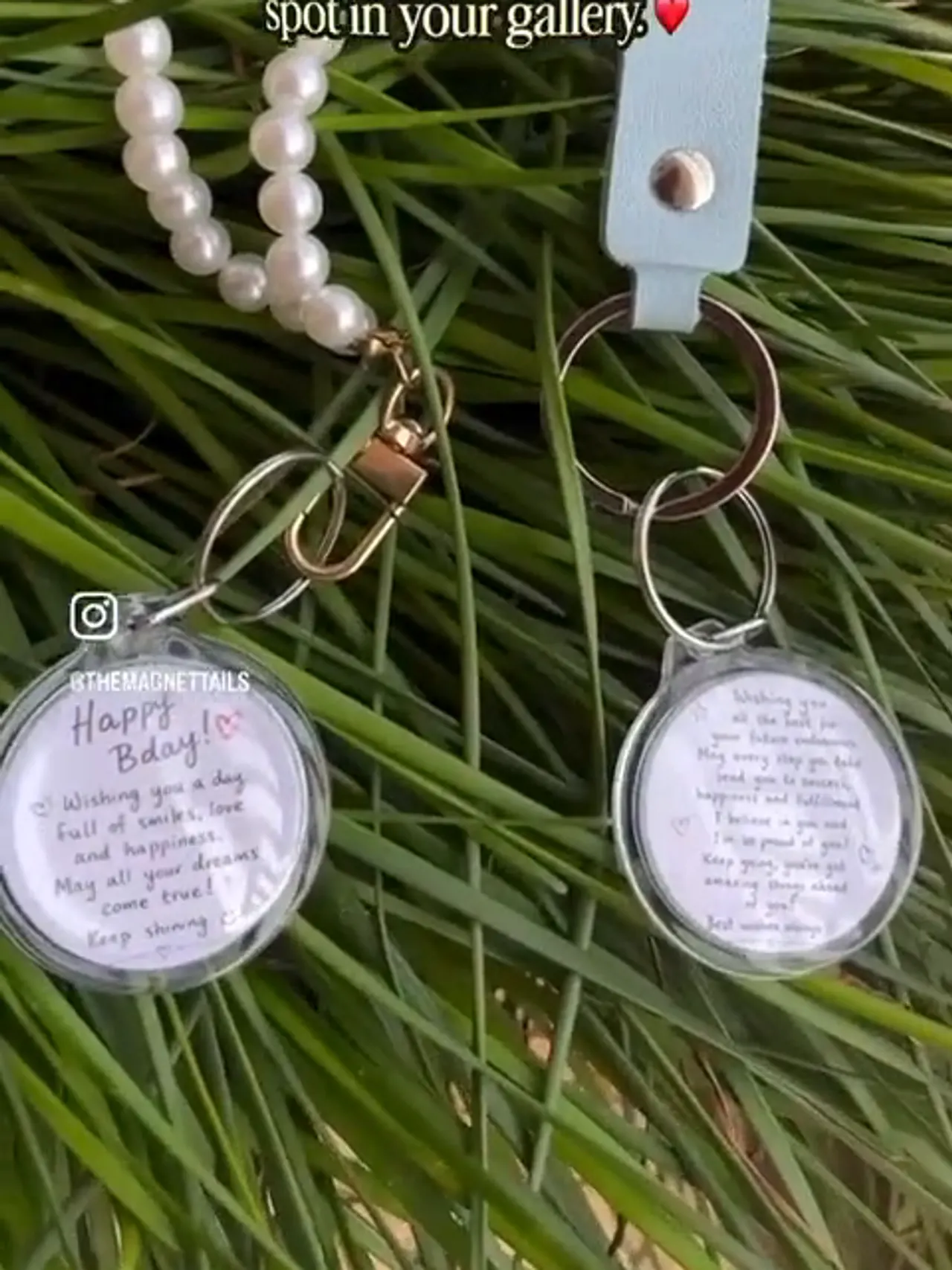 Two finished keychains — a pearl beaded wristlet and a strap with round photo and message charms